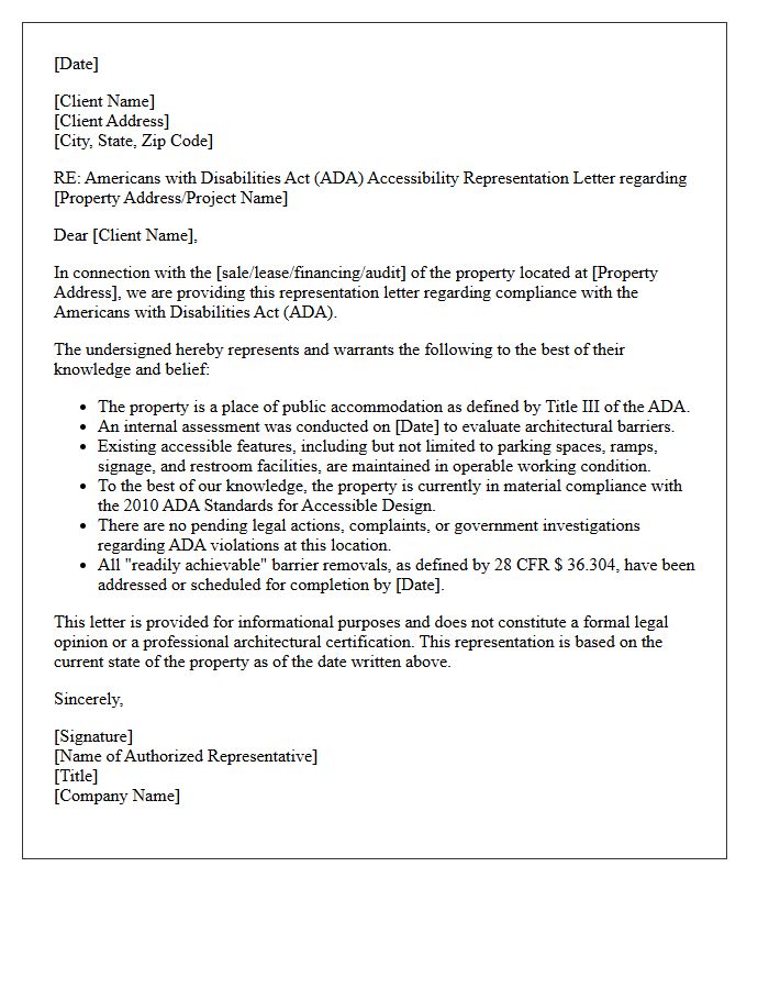 Americans With Disabilities Act Accessibility Representation Letter