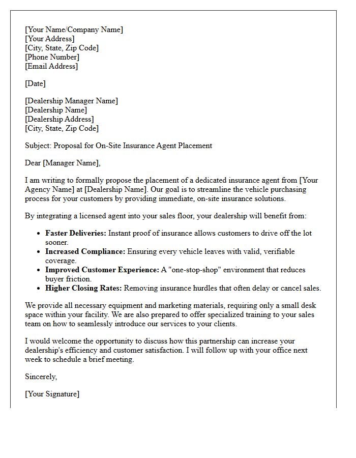 On-Site Dealership Insurance Agent Placement Letter
