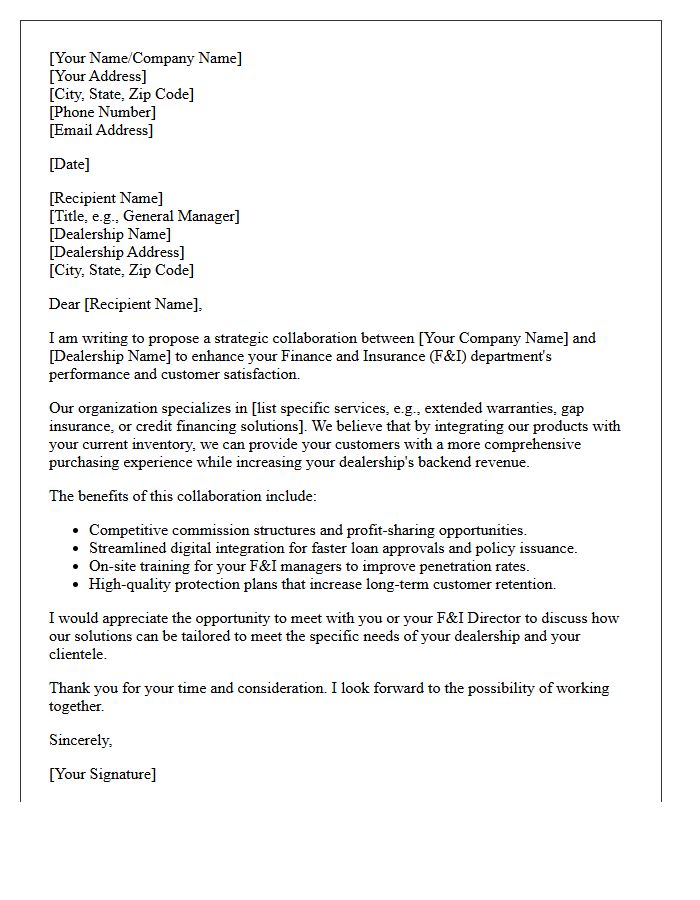 Dealership Finance and Insurance Collaboration Letter