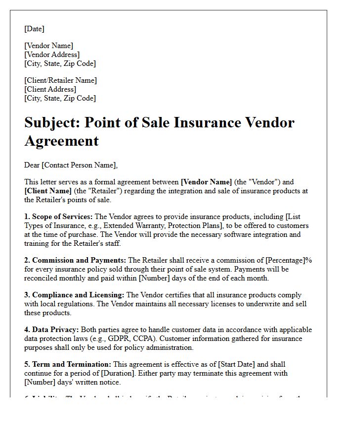 Point of Sale Insurance Vendor Agreement Letter