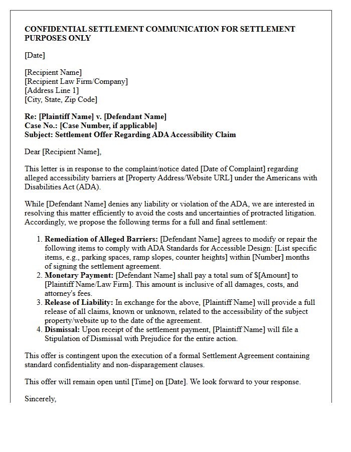 Americans With Disabilities Act Accessibility Settlement Offer Letter