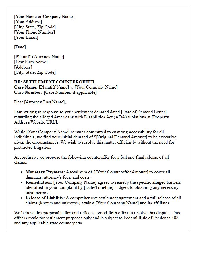 Americans With Disabilities Act Accessibility Settlement Counteroffer Letter