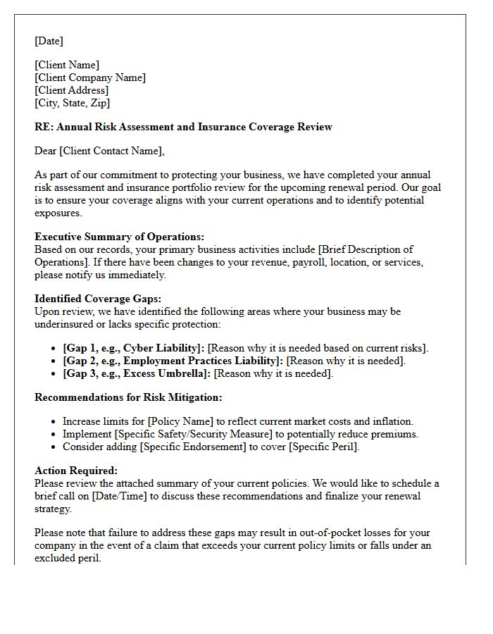 Commercial Insurance Annual Risk Assessment and Coverage Gap Letter