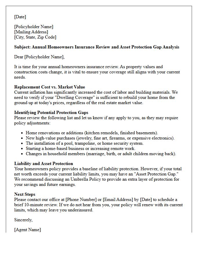 Homeowners Policy Annual Review and Asset Protection Gap Letter