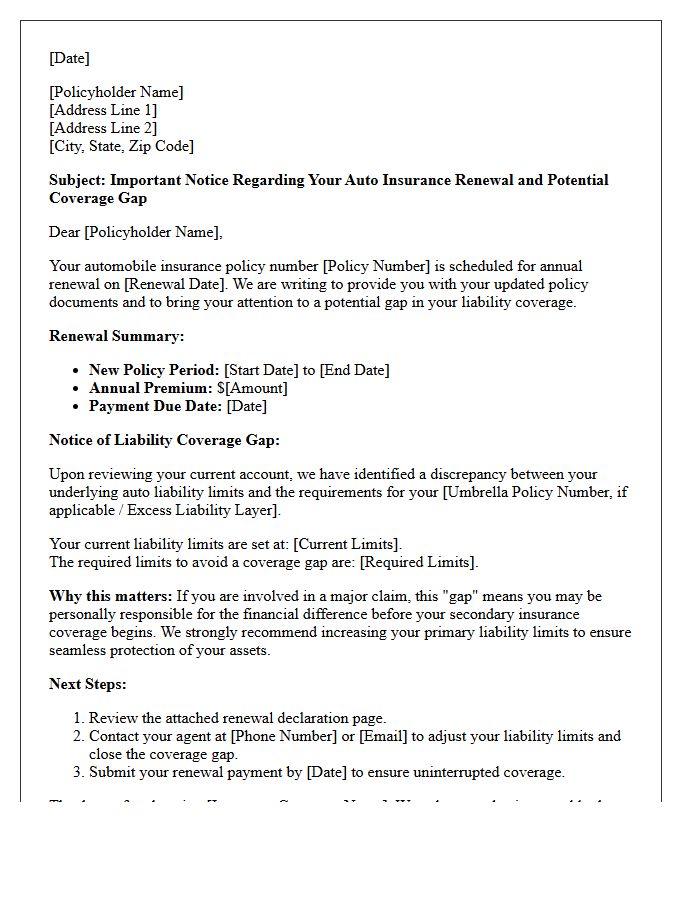 Auto Insurance Annual Renewal and Liability Coverage Gap Letter