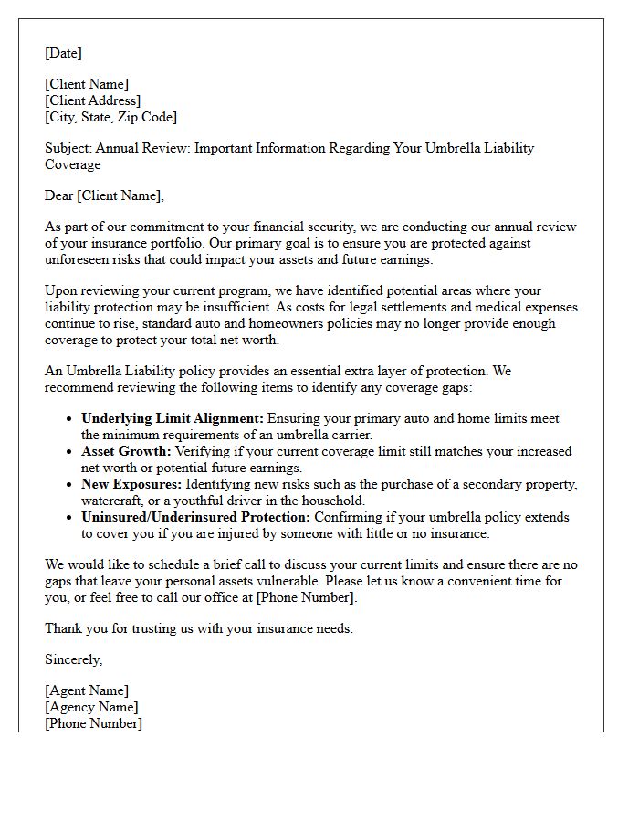 Umbrella Liability Coverage Gap Identification and Annual Review Letter