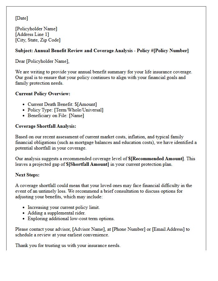 Life Insurance Annual Benefit Review and Coverage Shortfall Letter