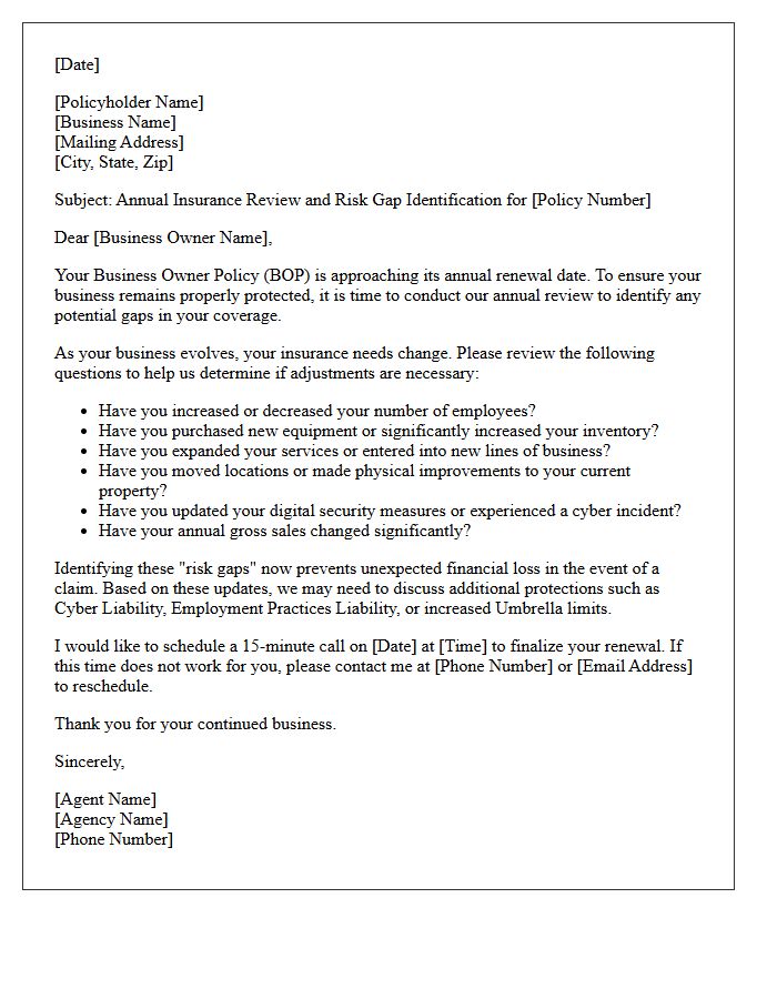 Business Owner Policy Annual Review and Risk Gap Identification Letter