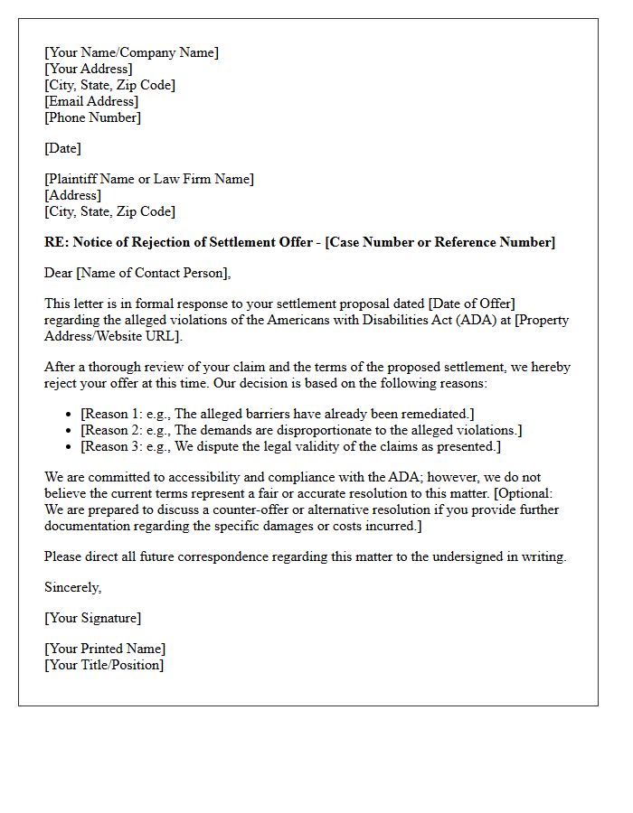 Americans With Disabilities Act Accessibility Settlement Rejection Letter