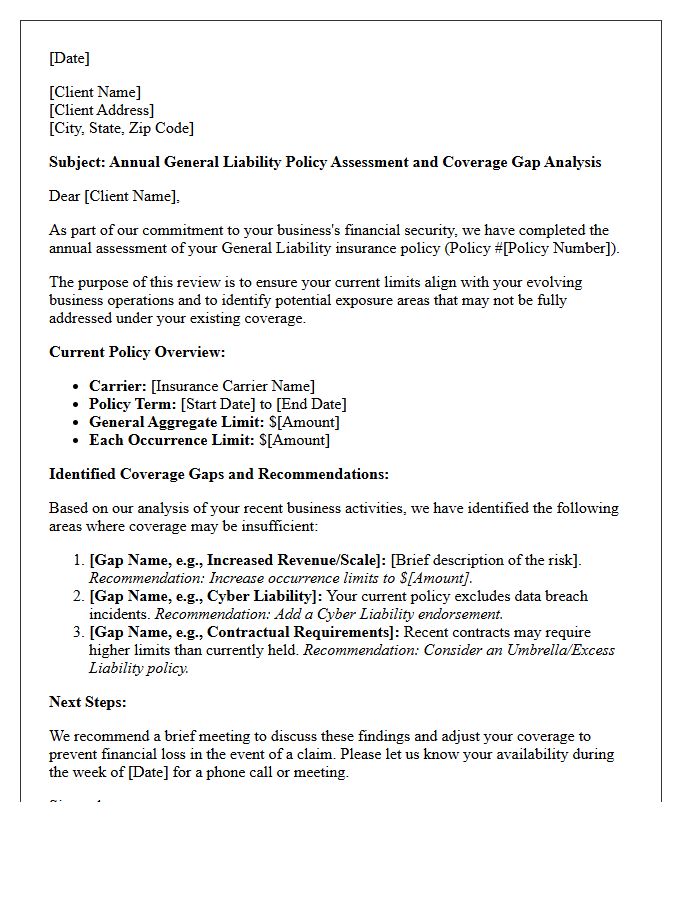 General Liability Annual Policy Assessment and Coverage Gap Letter