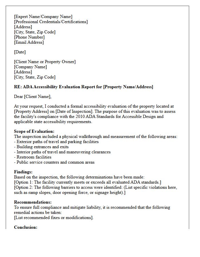 Americans With Disabilities Act Accessibility Expert Evaluation Letter