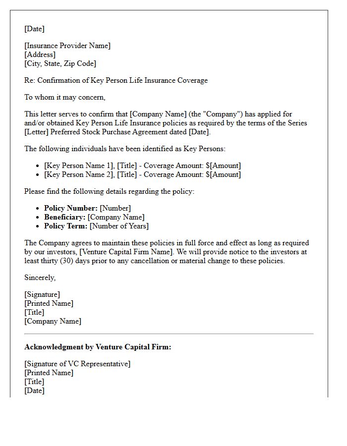 Venture Capital Required Key Person Insurance Letter