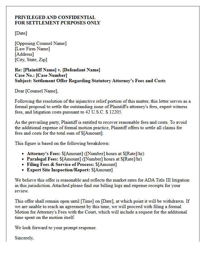 Americans With Disabilities Act Accessibility Attorney Fee Settlement Letter