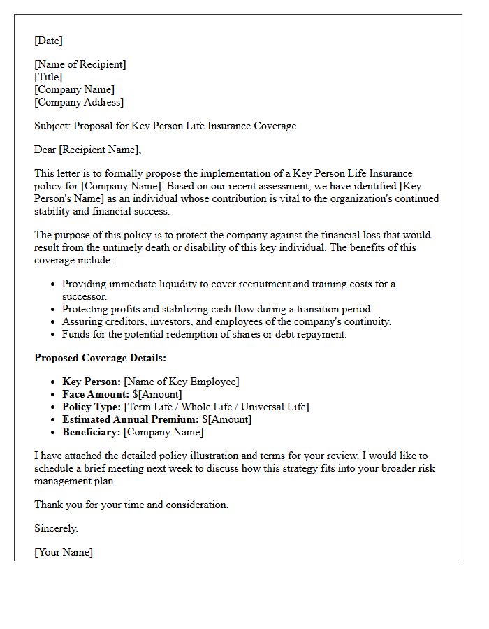 Key Person Life Insurance Policy Proposal Letter
