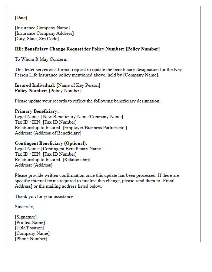 Key Person Life Insurance Beneficiary Update Letter