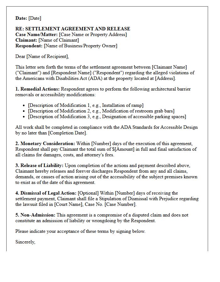 Americans With Disabilities Act Accessibility Settlement Agreement Letter