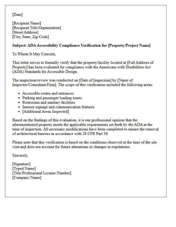 Americans With Disabilities Act Accessibility Compliance Verification Letter