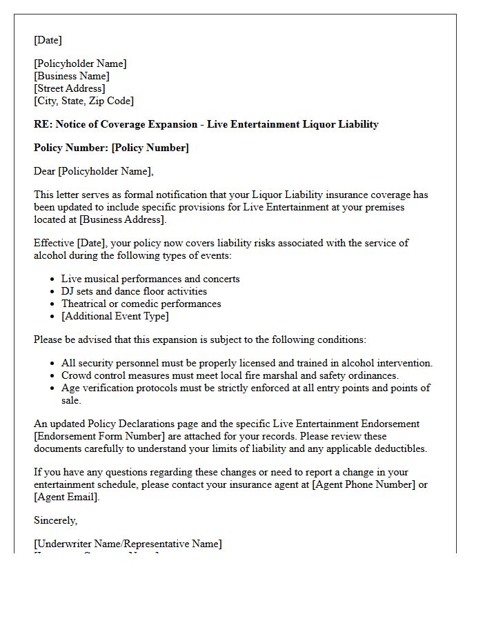 Live Entertainment Liquor Liability Expansion Notice Letter