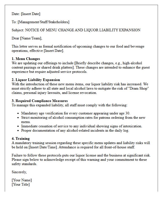 Menu Change And Liquor Liability Expansion Warning Letter