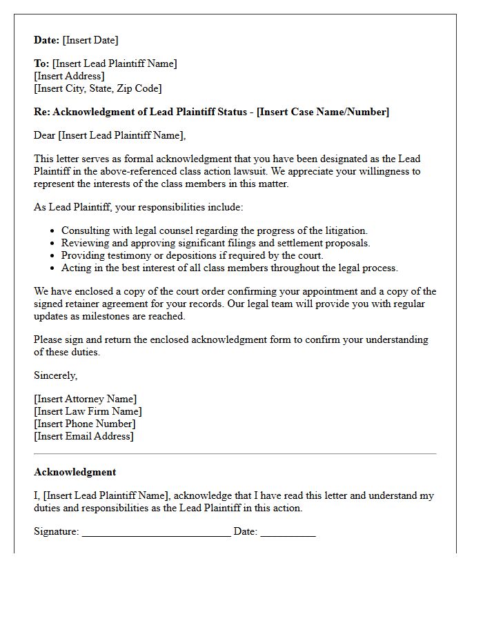 Lead Plaintiff Acknowledgment Letter