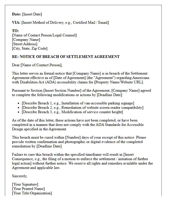 Americans With Disabilities Act Accessibility Settlement Breach Letter