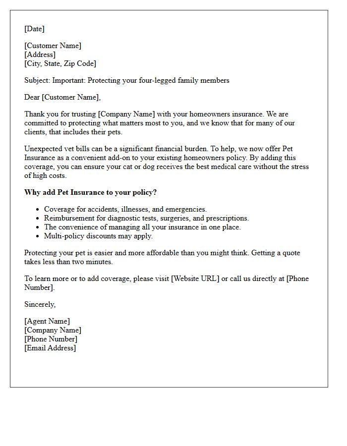 Homeowners Policy Add-On Pet Insurance Cross-Sell Letter