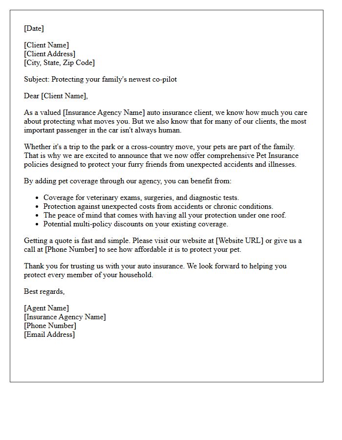 Auto Insurance Client Pet Insurance Cross-Sell Letter