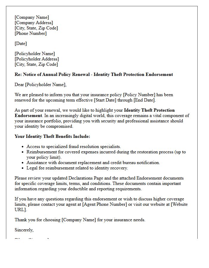 Annual Policy Renewal Identity Theft Protection Endorsement Letter