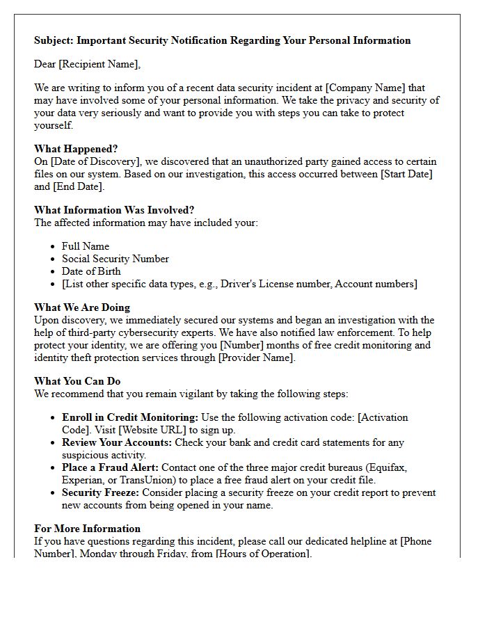 Recent Data Breach Alert Identity Theft Protection Letter