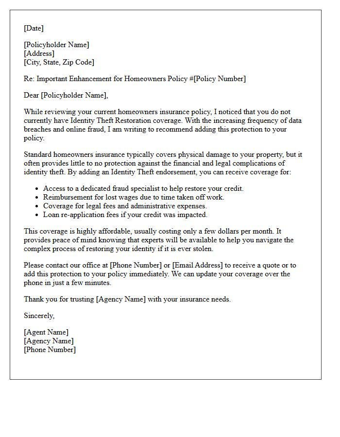 Homeowners Policy Identity Theft Upgrade Recommendation Letter