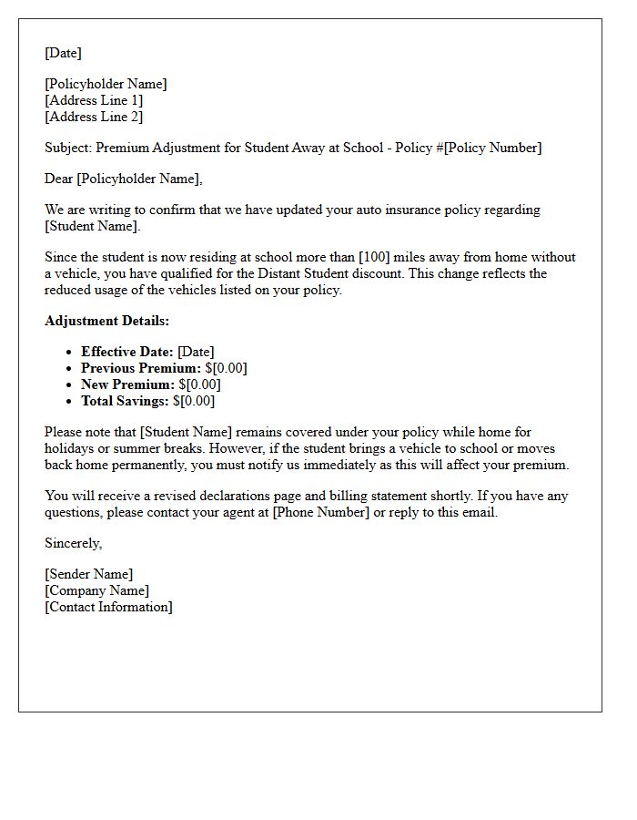 Distant Student Auto Premium Adjustment Letter