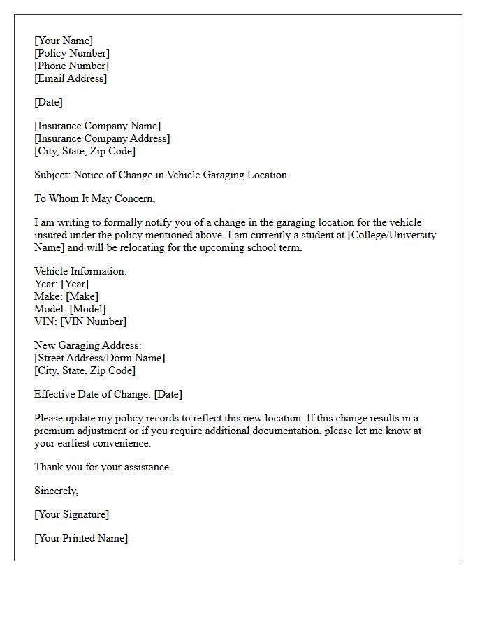College Student Vehicle Garaging Relocation Letter