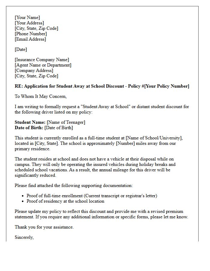 Teen Away at School Mileage Discount Application Letter
