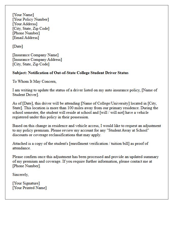 Out of State College Driver Coverage Adjustment Letter