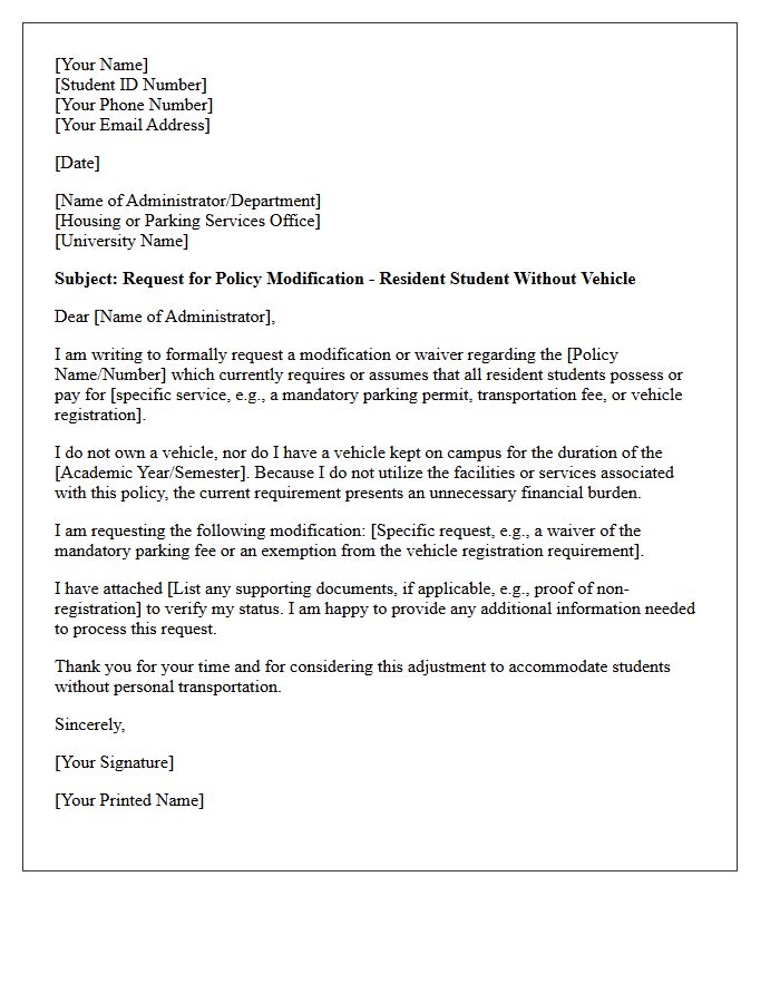 Resident Student Without Vehicle Policy Modification Letter