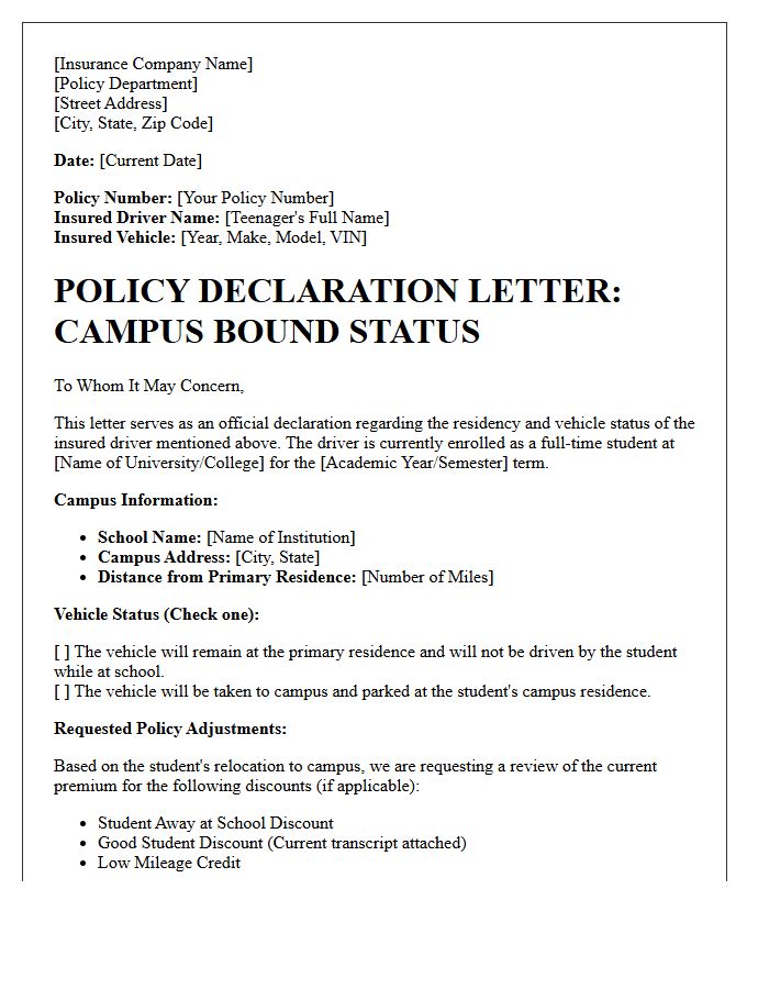 Campus Bound Teen Auto Policy Declaration Letter