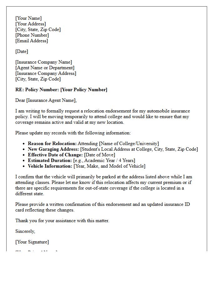 College Relocation Auto Coverage Endorsement Letter