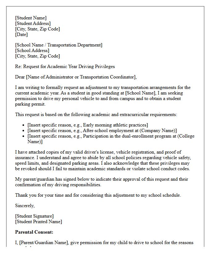 Teenage Student Academic Year Driving Adjustment Letter