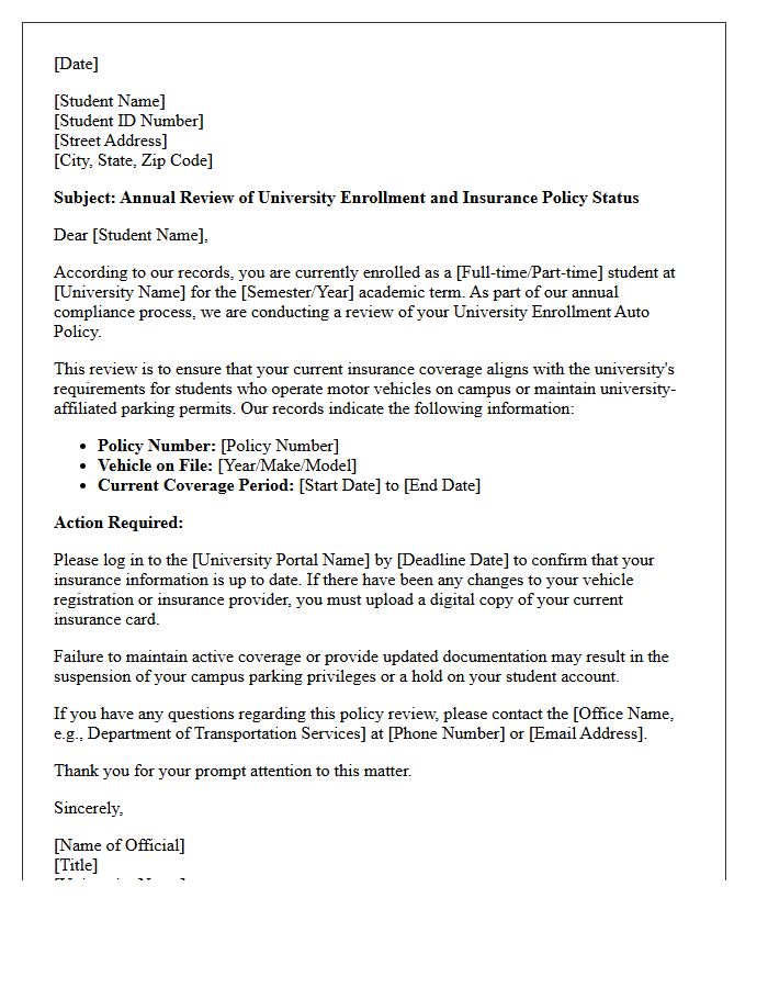 University Enrollment Auto Policy Review Letter