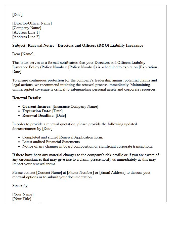 Directors And Officers Liability Policy Renewal Notice Letter