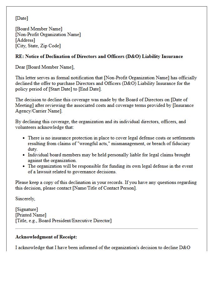 Non-Profit Board Directors And Officers Coverage Declination Letter