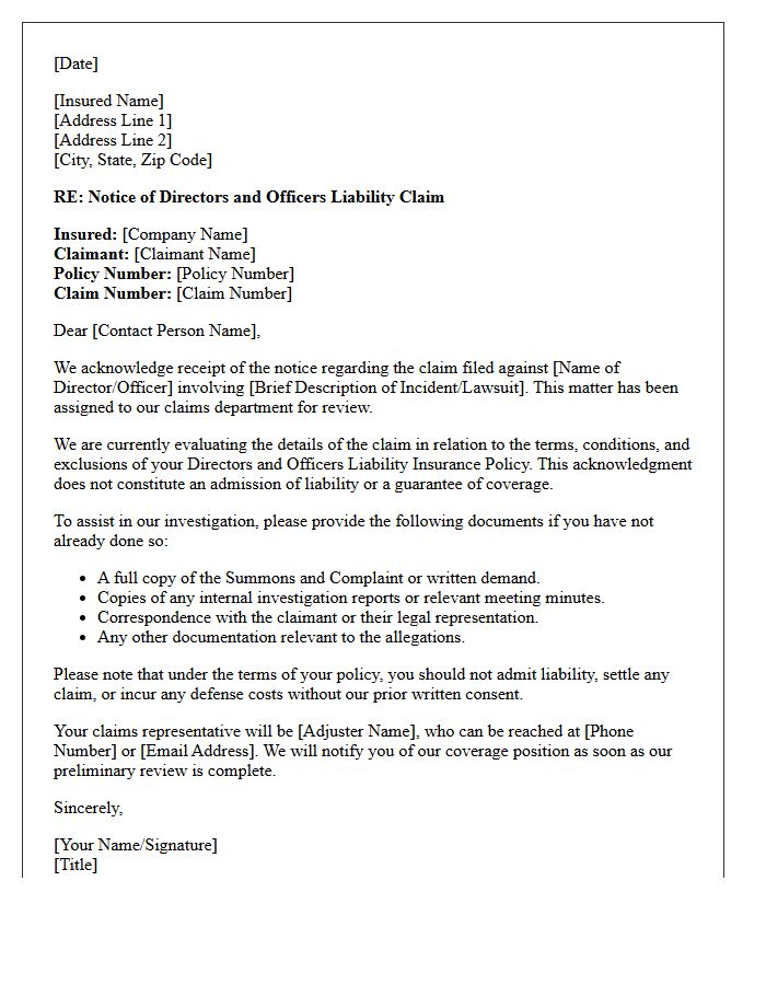 Directors And Officers Liability Claim Acknowledgment Letter