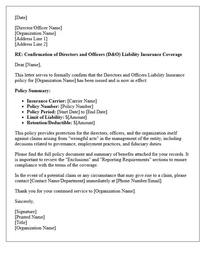 Non-Profit Directors And Officers Policy Issuance Confirmation Letter