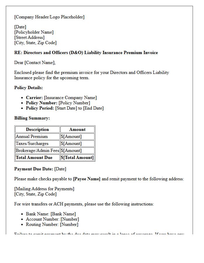 Directors And Officers Liability Premium Invoice And Billing Letter