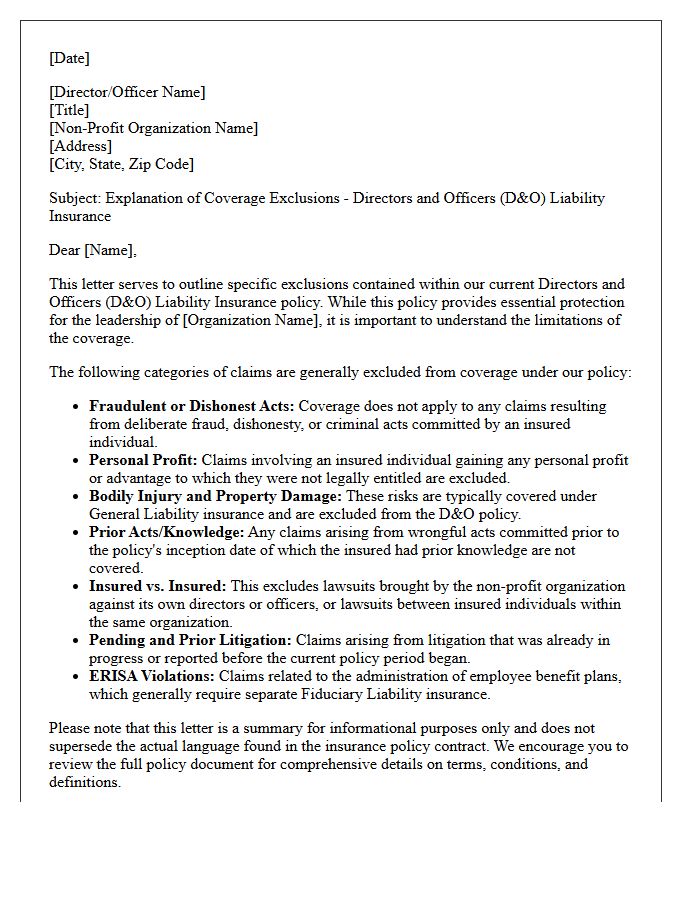Non-Profit Directors And Officers Coverage Exclusion Explanation Letter
