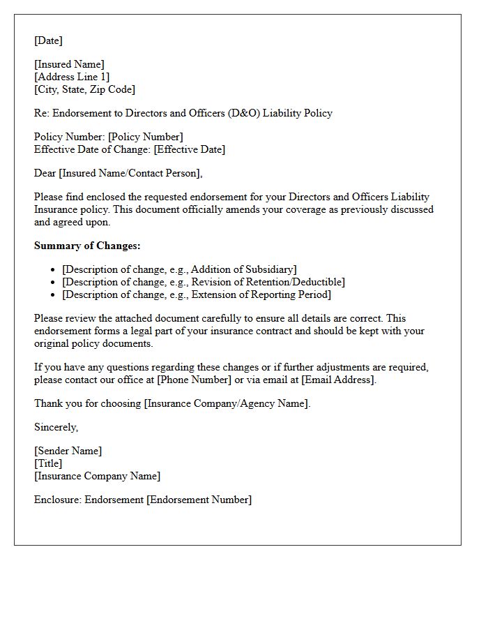Directors And Officers Liability Endorsement Processing Letter
