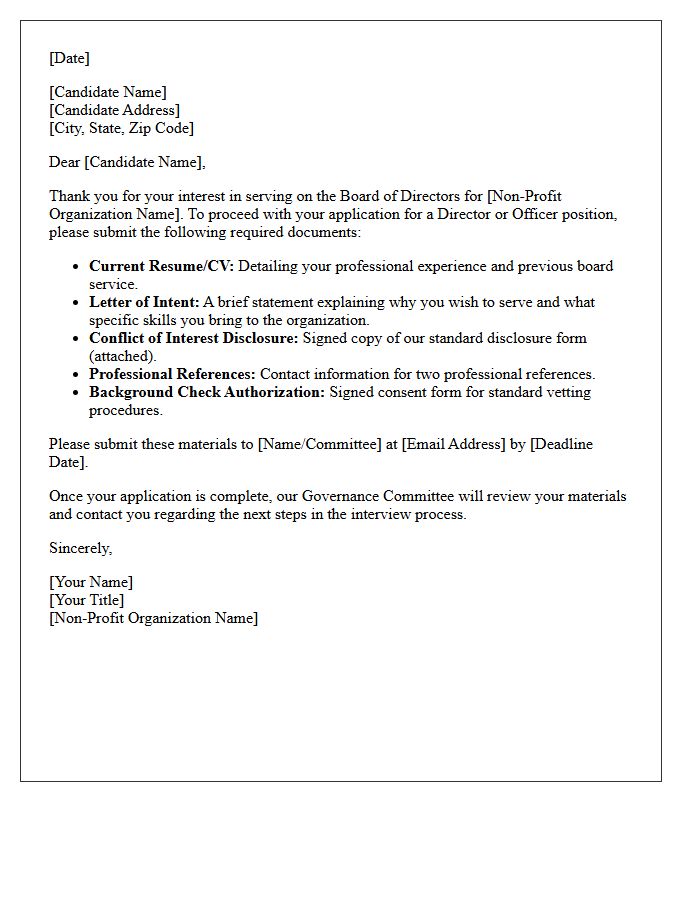 Non-Profit Board Directors And Officers Application Requirement Letter