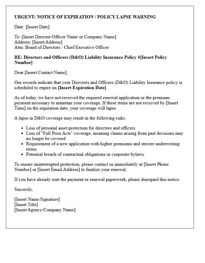 Directors And Officers Liability Policy Lapse Warning Letter