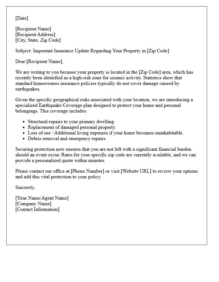 High-Risk Zip Code Earthquake Coverage Introduction Letter