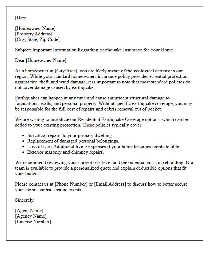 Residential Homeowner Earthquake Coverage Introduction Letter